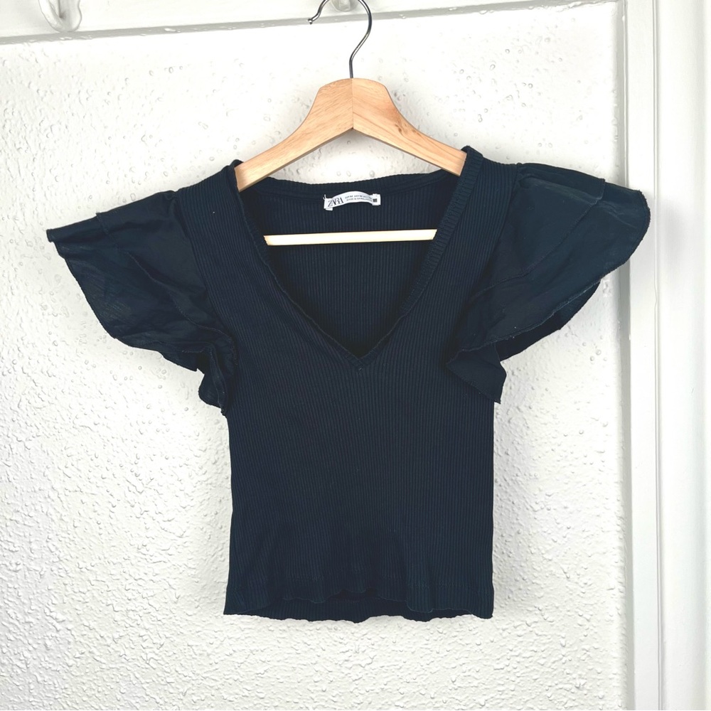 Zara Black Flutter Sleeve Blouse